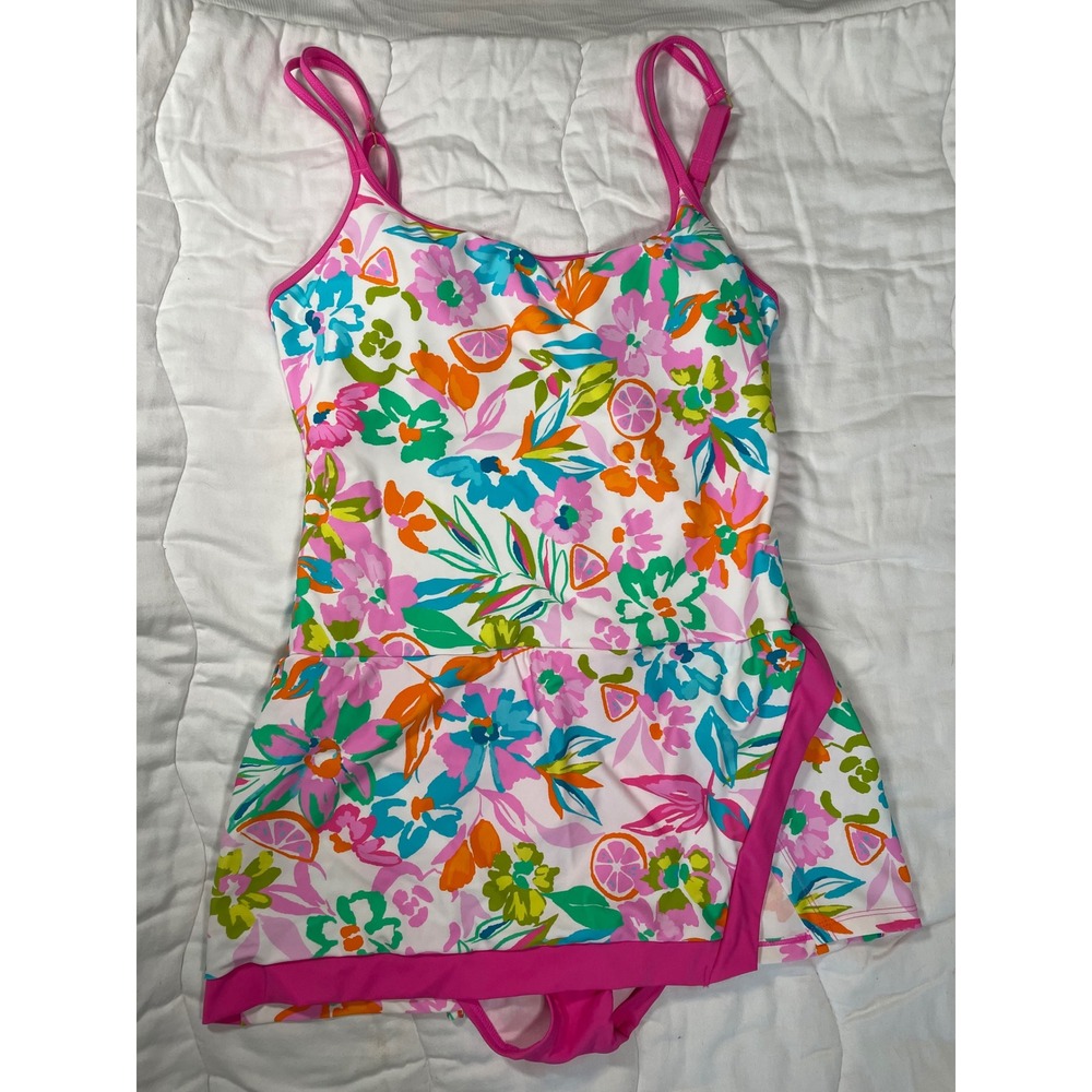 Crown & Ivy Women Floral Citrus Swim Dress Pink Orange One Piece Swimsuit 10